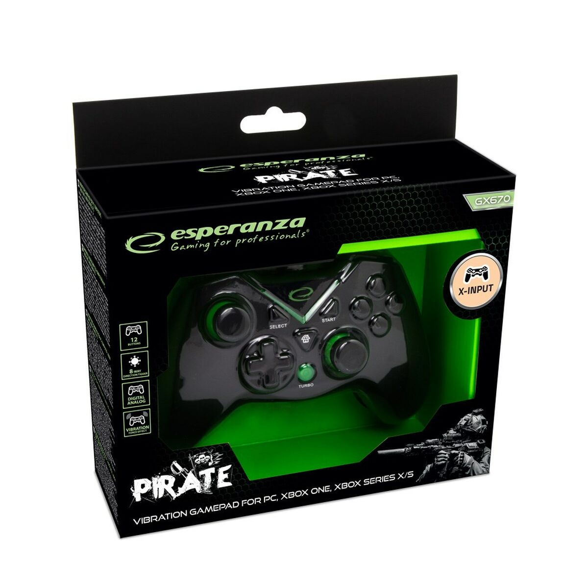 Comando Gaming Esperanza Pirate EGG114K USB 2.0 Preto Verde Microsoft Xbox One PC Xbox Series X Xbox Series S