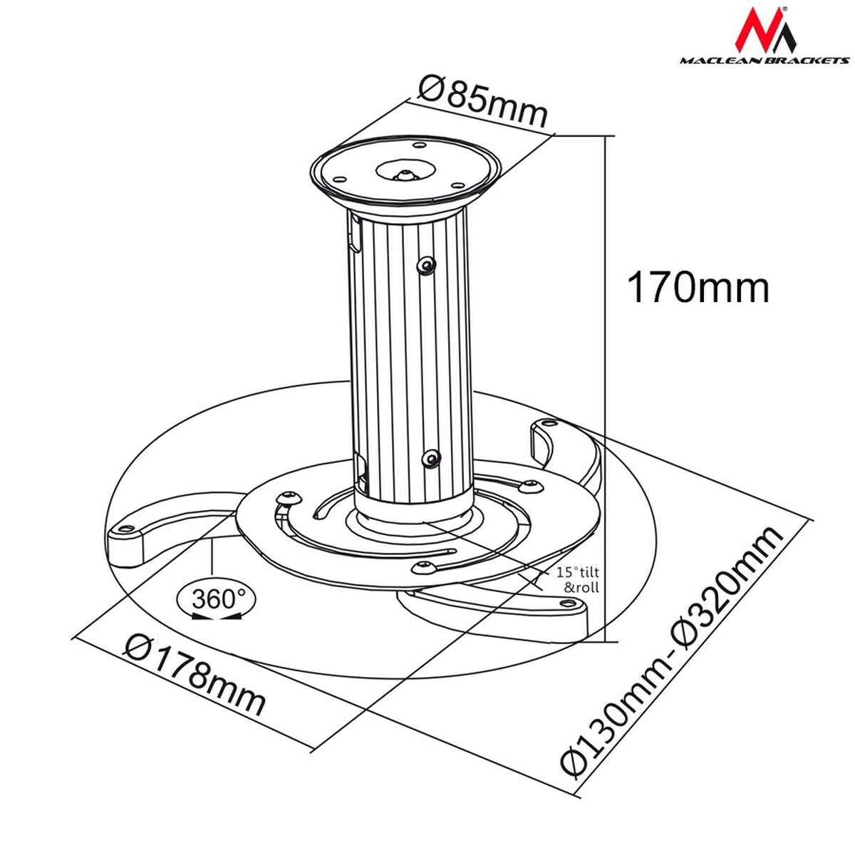 Suporte de Teto para Prejetor MacLean MC-515 80 - 170 mm