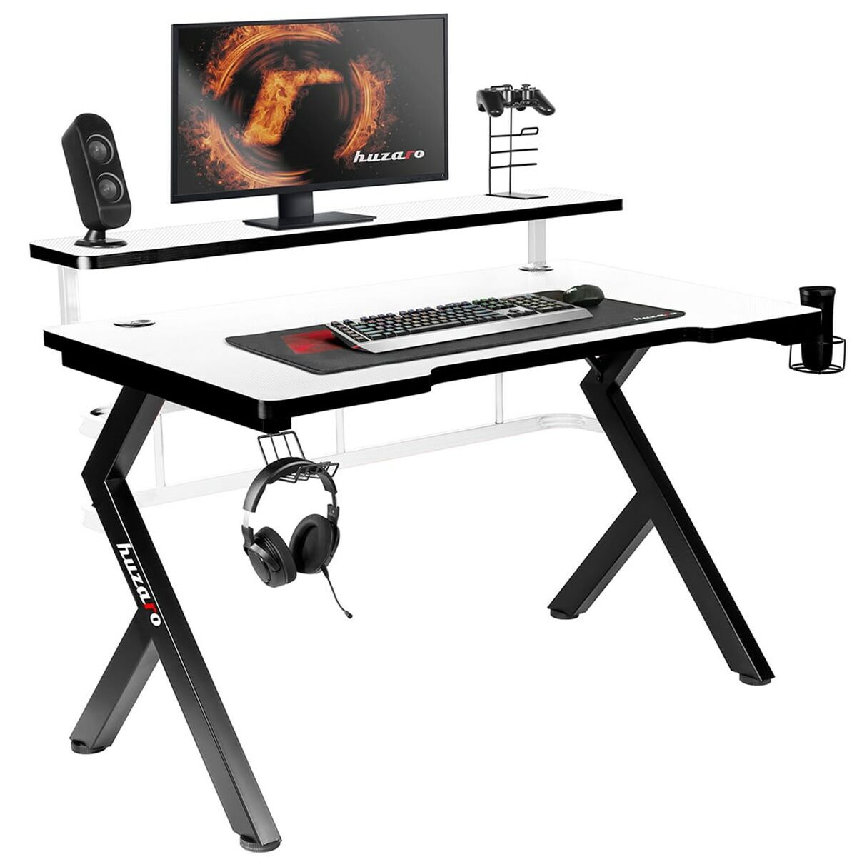 Mesa de Escritório Gaming Huzaro HZ-Hero 5.0 White Branco Preto Fibra de carbono 120 x 60 cm