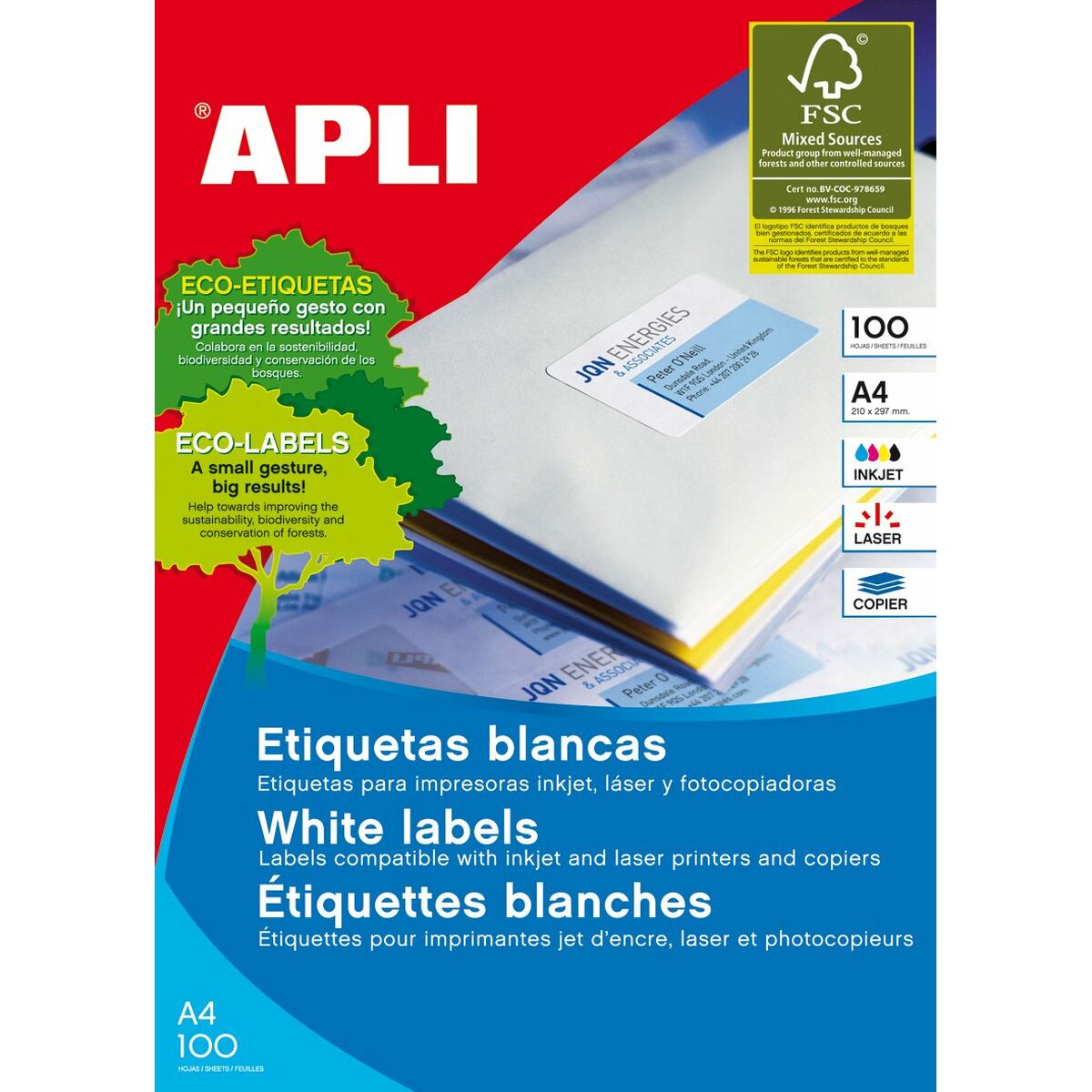 Etiquetas adesivas Apli 1273 100 Folhas 70 x 37 mm Branco