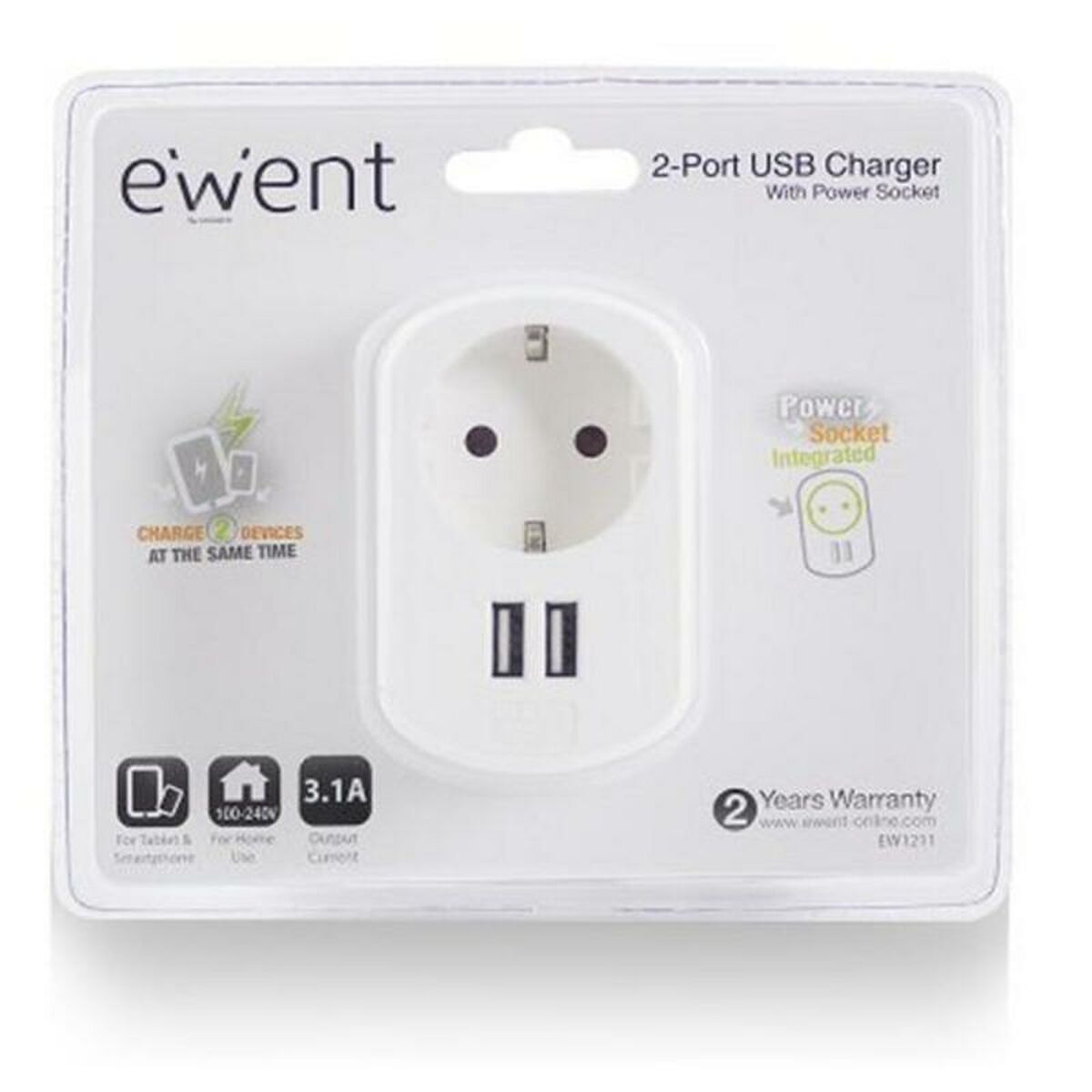 Tomada Parede com 2 Portos USB Ewent EW1211 3,1 A